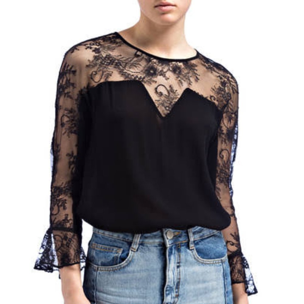 MAJE Woman Litema Lace-paneled Crepe Top Black
